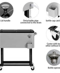 80 Quart Rolling Cooler Cart With Wheels Portable Wicker Beverage Bar Stand For Outdoor Patio Parties featuring lid handle, detachable pipe, bottle cap catcher, caster wheels, and bottle opener