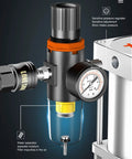 Heavy Duty Air Powered Grease Pump Is A True Heavy Hitter Delivering Knockout Eighty To One Pressure Ratio Includes No Nonsense Grease Gun Plus Twenty Foot Hose For Standard Drums close-up of sensitive pressure regulator and moisture separator.