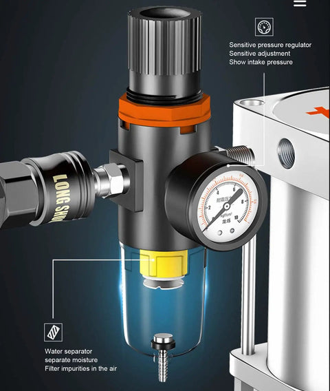 Heavy Duty Air Powered Grease Pump Is A True Heavy Hitter Delivering Knockout Eighty To One Pressure Ratio Includes No Nonsense Grease Gun Plus Twenty Foot Hose For Standard Drums close-up of sensitive pressure regulator and moisture separator.