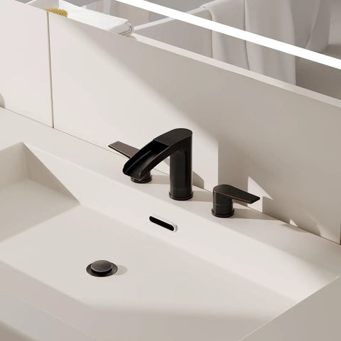 Oil Rubbed Bronze Waterfall Bathroom Faucet Dope All Metal Build 8 Inch Widespread 3 Hole Modern Design with Pop Up Drain