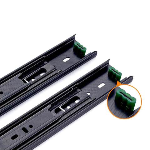 Super Slick Black Steel Ball Bearing Drawer Slides With Soft Close Mechanism For Kitchen Cabinets showing detailed tracks and green mounting clips.