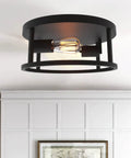 Matte Black Flush Mount Ceiling Light Two Light Fixture With E26 Base installed in a modern room, showing warm glow.