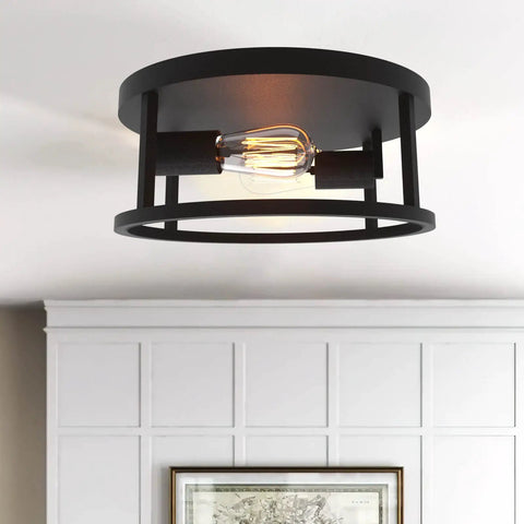 Matte Black Flush Mount Ceiling Light Two Light Fixture With E26 Base installed in a modern room, showing warm glow.