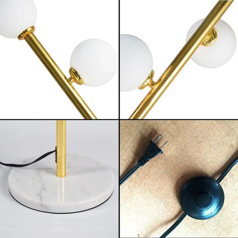 Close-up of Cozy Elegant Mid Century Floor Lamp With Nine Lights, showing gold accents, marble base, and in-line foot switch.
