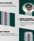 Close-up of Badass M6 Security Torx Button Head Machine Screws, showing tamper-resistant design and 304 stainless steel threads.