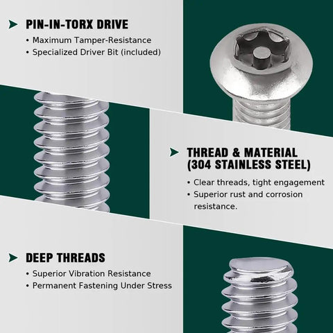 Close-up of Badass M6 Security Torx Button Head Machine Screws, showing tamper-resistant design and 304 stainless steel threads.