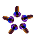 Five Titanium Screws M6x10mm ISO7380 Button Head Hex Socket Cap Screws Burnt Blue Ti6Al4V GR5 arranged in a star pattern.