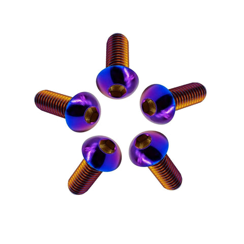 Five Titanium Screws M6x10mm ISO7380 Button Head Hex Socket Cap Screws Burnt Blue Ti6Al4V GR5 arranged in a star pattern.