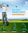 Real Swing 300 Golf Swing Trainer with golfer showing swing path options on practice mat for accurate hitting