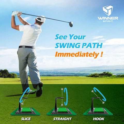 Real Swing 300 Golf Swing Trainer with golfer showing swing path options on practice mat for accurate hitting