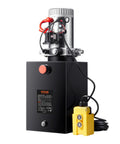 Front view of Vevor 20-Quart hydraulic power unit with electric motor, black control box, and yellow remote pendant.