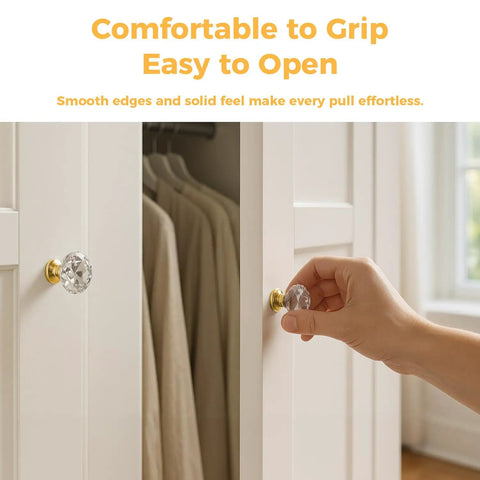 Hand gripping crystal cabinet knob from Crystal Cabinet Knobs 30mm Diamond Drawer Pulls Set Of 26 With Gold Base 1-1/4 Inch Diameter 3/4 Inch Base Screws Included Easy Install For Cabinets And Drawers Adds Dope Modern Vibe To Kitchen And Furniture.