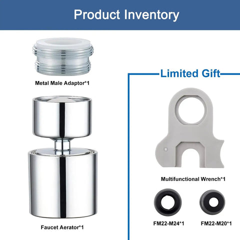 Smooth As Butter Kitchen Faucet Aerator Swivel Head Anti Splash Sink Filter parts including adaptor and wrench.