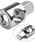 Close-up view of chrome-plated sliding rod socket adapter, 3/8 in to 1/2 in, steel ratchet sleeve for socket wrench