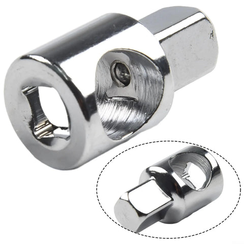 Close-up view of chrome-plated sliding rod socket adapter, 3/8 in to 1/2 in, steel ratchet sleeve for socket wrench