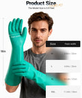 Heavy Duty 18 Inch Elbow Length Nitrile Chemical Resistant Gloves Tough As Nails Top Rated Hand Protection For Auto Mechanics Lab Techs Hazardous Fluid Splash Defense Size Large One Pair shown on model with size guide.