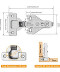 10 Pack Full Overlay Soft Close Concealed Hinges With Clip On Plate For Face Frame Cabinets, dimensions and measurements displayed.