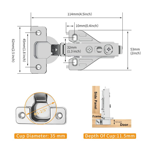 10 Pack Full Overlay Soft Close Concealed Hinges With Clip On Plate For Face Frame Cabinets, dimensions and measurements displayed.