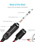 12V 24V Car Cigarette Lighter Extension Cord 6 Foot UL Listed 16 AWG Heavy Duty Wire With High Temperature Resistant Jacket For Dash Gadgets Phone Chargers GPS And Other Power Devices exploded view with fuse and plug