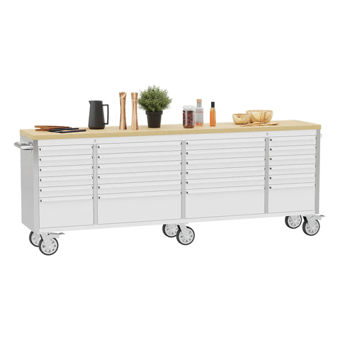 No Nonsense 96 Inch Rolling Tool Chest Workbench With Solid Rubberwood Top And 24 Lockable Drawers On Wheels for storage and organization.