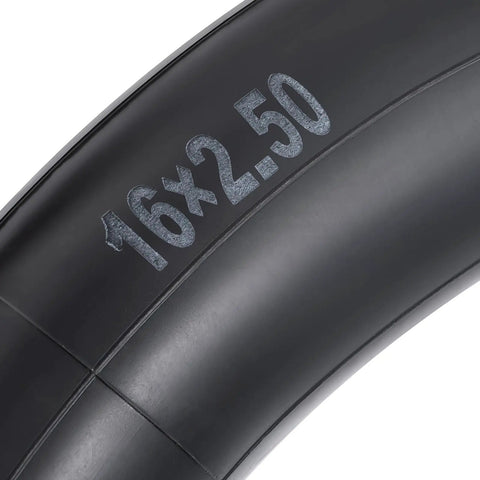 Close-up of Heavy Duty 16x2.50 Replacement Butyl Inner Tube For 16 Inch Wheels With Bent CR202 Valve showing size marking