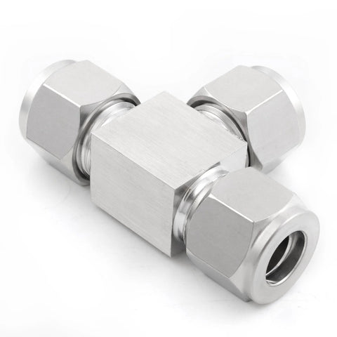 Close-up of Yoebor stainless steel 304 3-way compression tube fitting Tee Union, 1/2 in OD ports; pack of 2