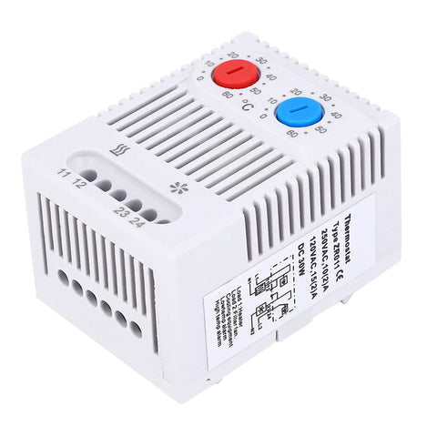 Adjustable Mechanical Thermostat Switch For Industrial Use, built tough, impact resistant housing, 35mm DIN rail mount, Model ZR011.