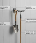 Heavy Duty Iron Wall Mount Tool Rack For Shovels And Rakes, Vertical Garage Organizer on white wall with tools hanging