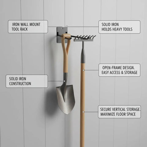 Heavy Duty Iron Wall Mount Tool Rack For Shovels And Rakes, Vertical Garage Organizer on white wall with tools hanging
