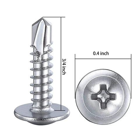 Must Have DIY Screw Kit For Home Projects No 8 Self Tapping Sheet Metal Screws close-up showing 3/4 inch length and 0.4 inch width