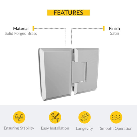 Adjustable Glass To Glass Shower Door Hinge With 180 Degree Swing Heavy Duty Solid Forged Brass Satin Finish Fits 3/8 In Or 1/2 In Glass 4-7/16 In Overall Width Frameless Shower Door Hardware For Easy Install Built To Last