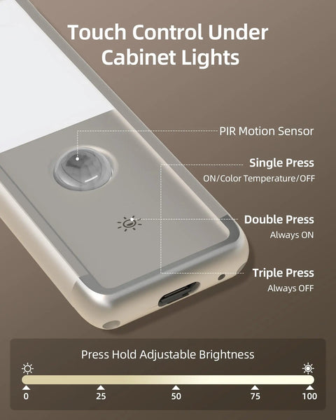 Close-up of touch control interface on 11.8 Inch Under Cabinet Lighting Kit with motion sensor, dimmable features, and charging port.