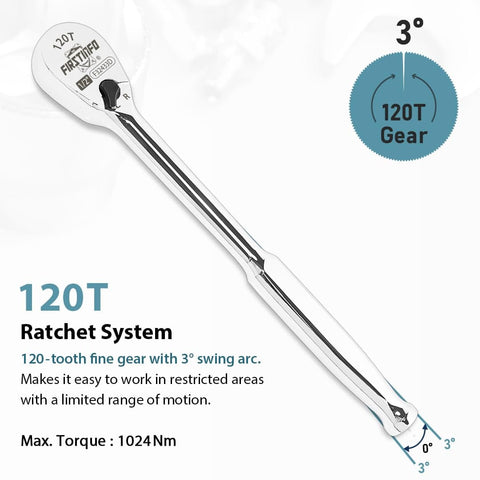 Stubby Half Inch Drive Ratchet Handle With 120 Tooth Sealed Head, Reversible Low Profile Ratcheting Wrench for Tight Spaces shown