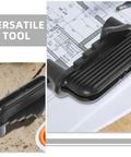 Close-up of No Sweat Precision Center Scriber Woodworking Layout Gauge Top Shelf Marking Tool dark navy on blueprint.