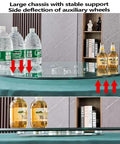 Heavy-Duty 39 Inch Lazy Susan Tabletop Serving Tray Made of Explosion-Proof Tempered Glass, showing stability with bottles on surface.