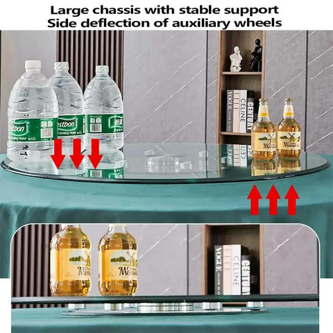 Heavy-Duty 39 Inch Lazy Susan Tabletop Serving Tray Made of Explosion-Proof Tempered Glass, showing stability with bottles on surface.