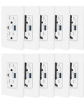 Next Level 65W USB C Wall Outlet Featuring PD 3.0 Fast Charging 15 Amp Electrical Receptacle For Laptops Tamper Resistant UL Listed white wall outlets arranged in a row.