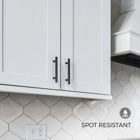 10 Pack Matte Black Cabinet Handles 4 Inch Center To Center, 6-3/8 Inch Overall Length, rust and stain resistant, installed on white cabinet