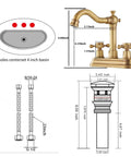 Antique Brass Two-Handle Four Inch Centerset Bathroom Faucet With 360 Degree Swivel High Arc Spout Includes Drain Assembly And Supply Hoses Vanity Sink Mixer Tap For Easy Install And Stylish Upgrade, diagram and dimensions visible.