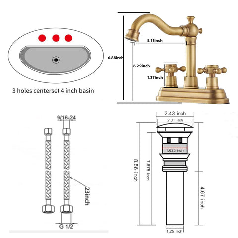Antique Brass Two-Handle Four Inch Centerset Bathroom Faucet With 360 Degree Swivel High Arc Spout Includes Drain Assembly And Supply Hoses Vanity Sink Mixer Tap For Easy Install And Stylish Upgrade, diagram and dimensions visible.