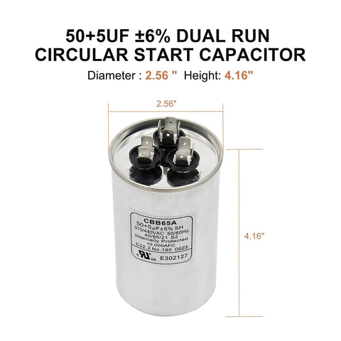 2 Pack Heavy Duty 50 Plus 5uF Capacitors With 6 Percent Tolerance, 50 Plus 5 MFD, 370 to 440 VAC CBB65 Dual Run Start Capacitors