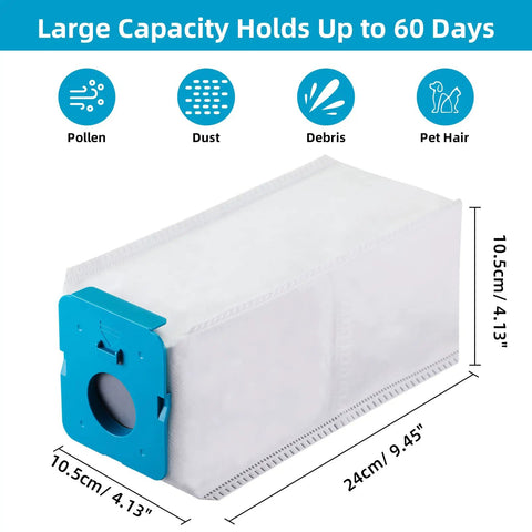8 Pack Dust Bags For Bespoke Jet Cordless Stick Vacuum Cleaner 2.5L Large Capacity Automatic Dust Collection Compatible With All In One Clean Station Replacement shown with dimensions and features.