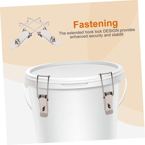 Six Pack Stainless Steel Toggle Latch With Extended Hook And Spring Loaded Mechanism securing white drum lid