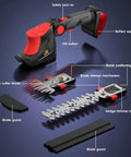 Cordless Hedge Trimmer 18V Max 1500 RPM 2-In-1 Electric Trimming Tool For Yard And Garden showing components and blades