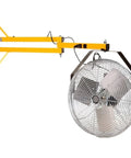 Relentless Warehouse Workhorse Loading Dock Wall Mount Air Circulator With 40 Inch Reach and 18 Inch Fan Head mounted to a wall.