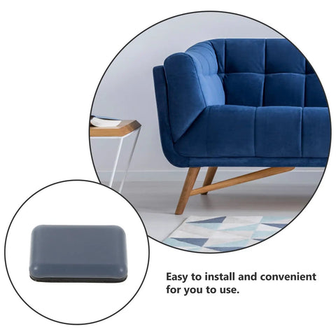 12 Piece PTFE Furniture Glides For Dining Tables And Sofas shown with blue sofa on hardwood floor, close-up of glide.