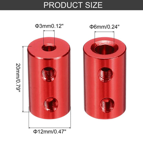 Red aluminum Rigid Shaft Coupler 3mm To 6mm L20mm By D12mm for 3D printers and DIY projects, showing dimensions and bore sizes.