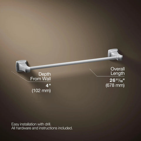 Riff 24 Inch Towel Bar Polished Chrome Built To Last Durable Zinc Construction Premium Metal Bath Hardware Corrosion And Tarnish Resistant Finish Coordinates With Other Riff Collection Pieces For Modern Bathrooms showing side view and measurements
