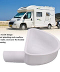 Wide Mouth RV Water Inlet Funnel With Rotating Lock For Easy Fresh Water Tank Fill in front of motorhome on beach background