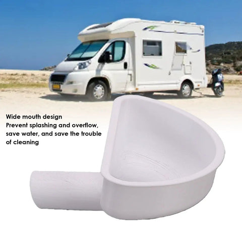 Wide Mouth RV Water Inlet Funnel With Rotating Lock For Easy Fresh Water Tank Fill in front of motorhome on beach background